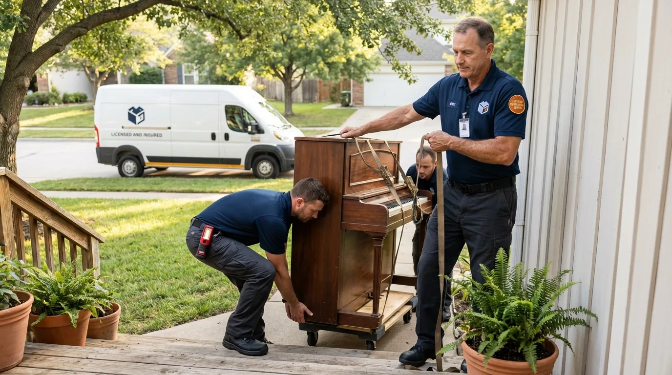 Licensed piano movers securing grand piano in Clinton, IL