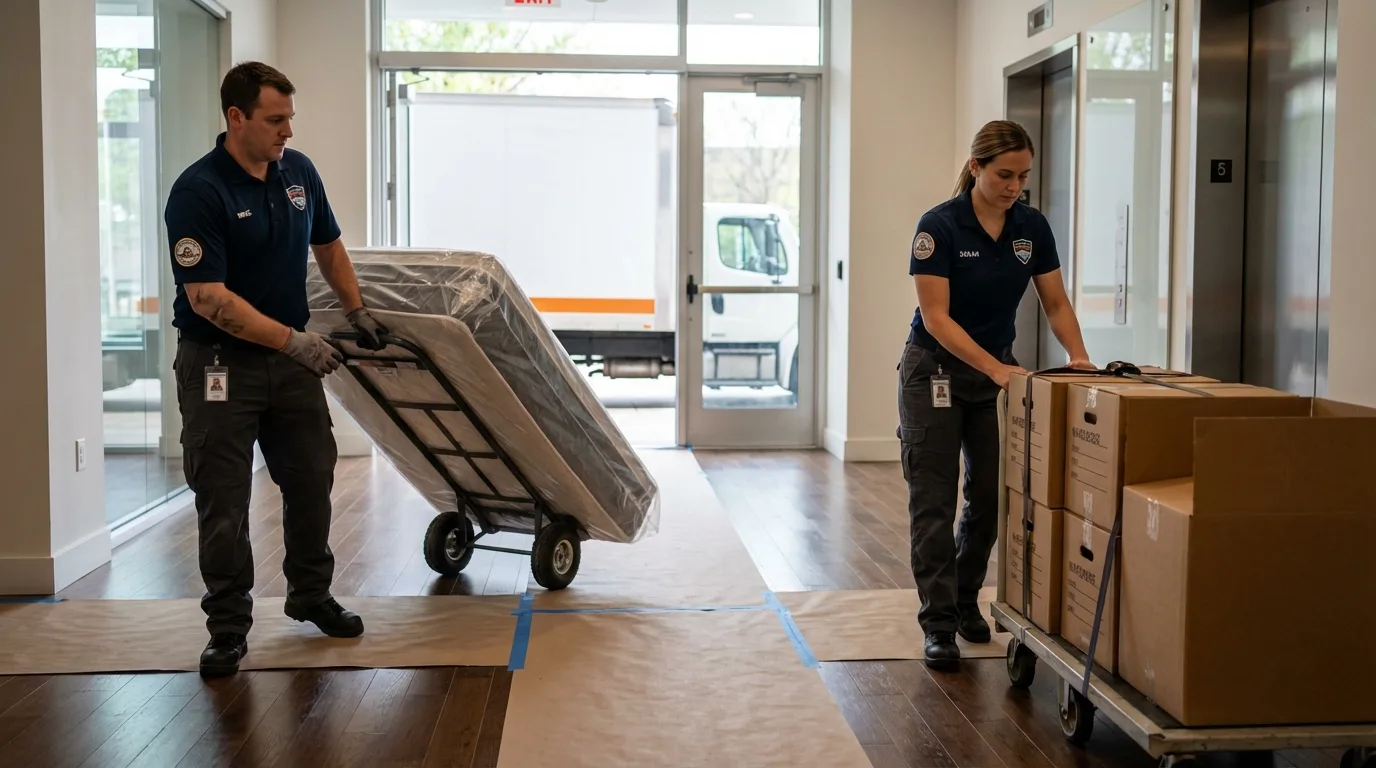 Professional apartment movers loading elevator in Clinton, IL
